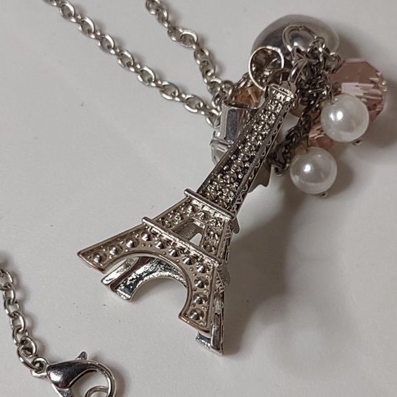 Long 32 Inch Necklace With Eiffel Tower, Plastic Beads, Heart, And Bow - Picture 6 of 10